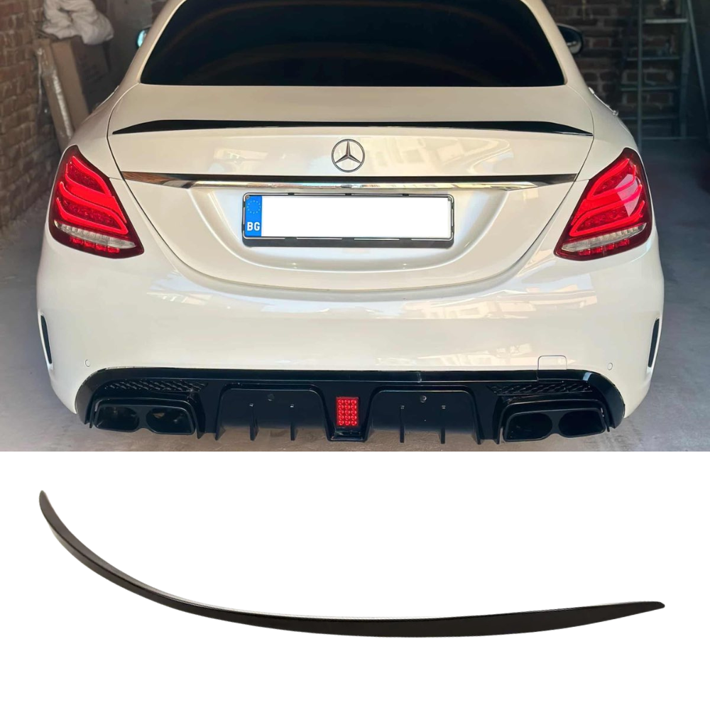 mercedes w205 spoiler, c class lip spoiler, w205 черен гланц спойлер, trunk spoiler mercedes, tuning w205, amg style spoiler c class, лип спойлер багажник w205, c63 amg design
